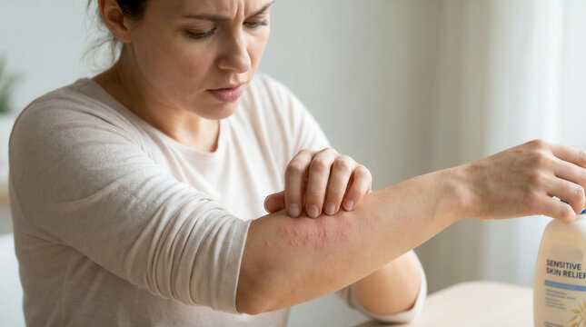A woman examines an itchy red rash on her arm, skin allergy, dermatology problem, healthcare concern.