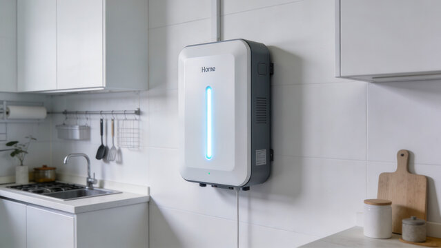 Modern wall-mounted home battery storage unit in a utility room, renewable energy, smart home.