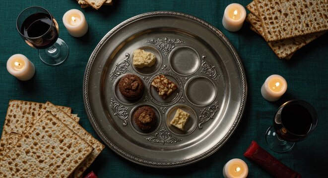 Elegant Passover Seder plate with matzah crackers and ritual wine glasses on dark wooden table
