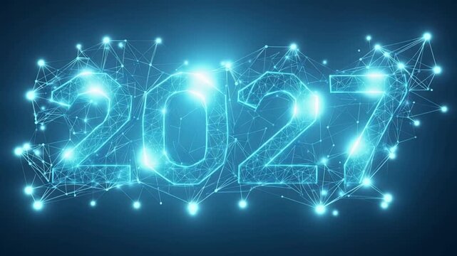 The numbers 2027 illuminated in vibrant blue, interconnected by a glowing digital network, signify the future of technology and innovation. ..Created with Generative AI, not depicting real subjects.