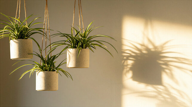 Hanging potted plant trio creating calm minimalist indoor scene with warm sunlight, textured wall, and dramatic botanical shadow