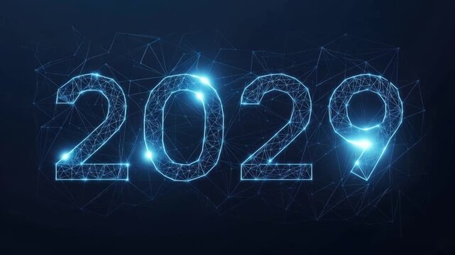 Future year 2029 illuminated in glowing neon blue digital futuristic font, set against a dark. ..Created with Generative AI, not depicting real subjects.