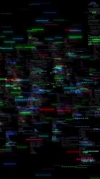 Colorful source code and programming text flicker across a black screen glitch distortion. software development, coding, cyber security, debugging, hacker themes, AI technology, developer backgrounds.