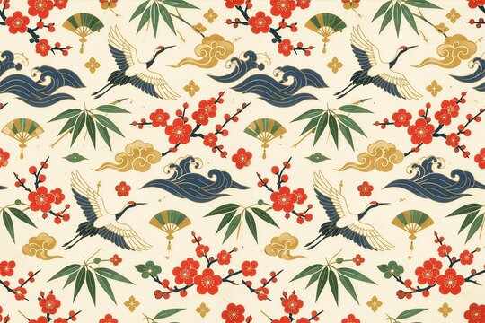 Seamless East Asian inspired decorative pattern with plum blossoms, bamboo leaves, cranes, waves and cloud motifs