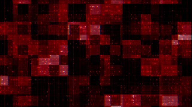 Crimson data corruption animation shifting rectangles, scan noise, and broken digital patterns. for cyber attacks, ransomware warnings, damaged files, network errors, and security video projects.