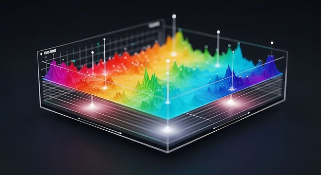 A three dimensional colorful topography data visualization chart displayed inside a transparent