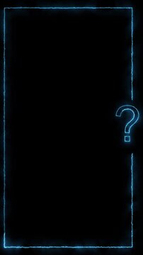 Electric blue question mark glows beside a luminous rectangular border on black. for FAQ screens, quiz videos, customer support, mystery topics, problem solving, tutorials, and information prompts.