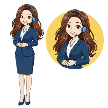 Beautiful female customer service operator character wearing blue business suit and headset, vector illustration