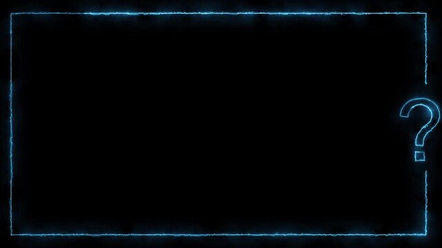 Neon cyan question symbol and electric frame create a clean dark template with large copy space. Useful for inquiry, help, education, research, choices, uncertainty, presentations, explainer