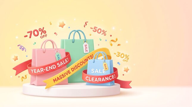 Bright year end sale promotional background with colorful shopping bags and ribbons