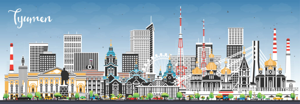 Tyumen Russia city skyline with color buildings and blue sky. Tyumen cityscape with landmarks. Business travel and tourism concept. Modern and historic architecture.