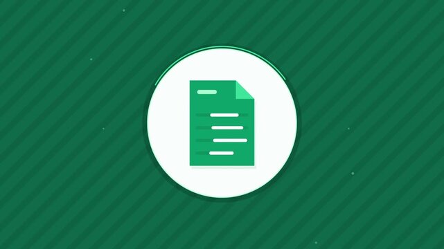 Green document icon, information symbol, paperwork and checklist graphic, data presentation element, flat animation