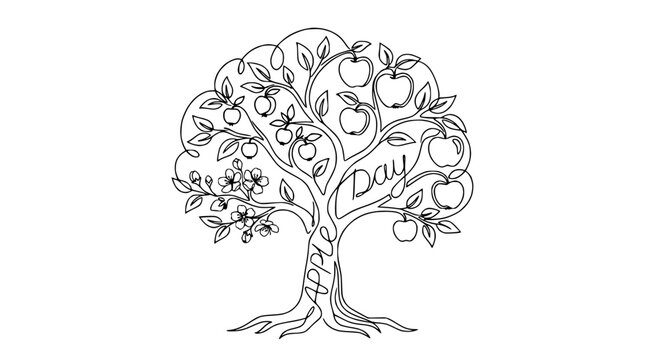 Apple Tree with Fruit and Flowers, "Apple Day" Text, Isolated Outline Drawing