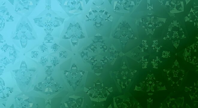 Abstract geometric pattern with repeating crystalline shapes on a teal to green gradient background