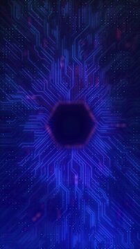 Blue and violet circuit traces radiate from a dark central chip area with glowing particles futuristic depth. for processors, AI computing, electronics, data systems, hardware, and innovation.