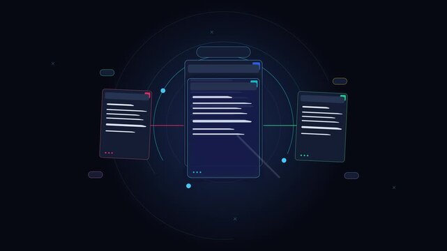 Abstract digital data streams, code documents, network connection, futuristic technology, dark background, blue and green neon accents