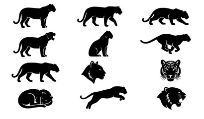 Obraz premium Tiger Vector Silhouette Collection with Majestic Wild Cat Profiles for Logos Tattoos and Mascots
