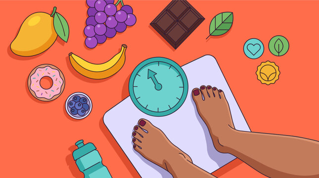 Vibrant flat design illustration featuring a person standing on a scale surrounded by fresh fruits, vegetables, chocolate, water bottle, and wellness icons on an orange background.