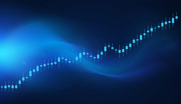 Abstract blue financial stock market chart with glowing candlestick bars showing upward growth trend and global economic data analysis concept for digital trading background and investment strategy