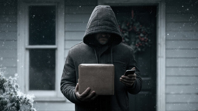 Courier holding a package and smartphone outside an empty house during snowy winter delivery
