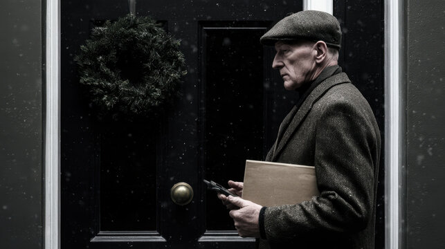 Courier holding a package and smartphone outside a decorated front door during snowy winter delivery