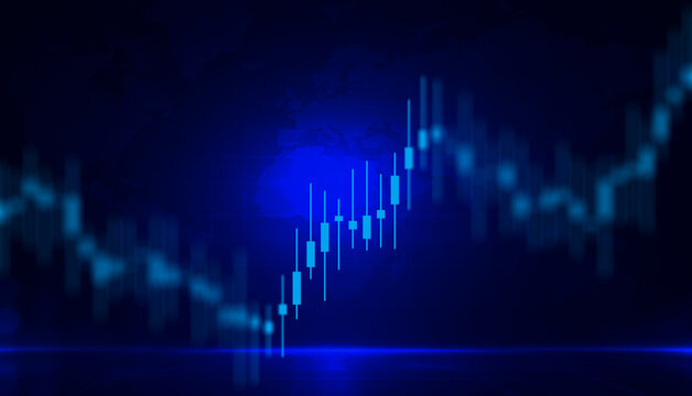 Dynamic financial market chart with glowing blue candlestick indicators and blurred world map background for global stock trading, currency exchange, and economic investment strategy concept