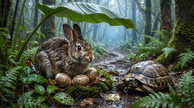 Rabbit and turtle photo in a mystical green rainforest with decorated eggs under a giant leaf