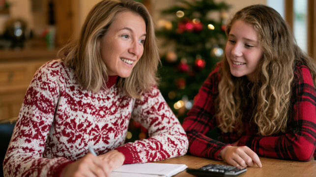 Mother explaining christmas budget to her teenage daughter while writing expenses beside a calculator at home