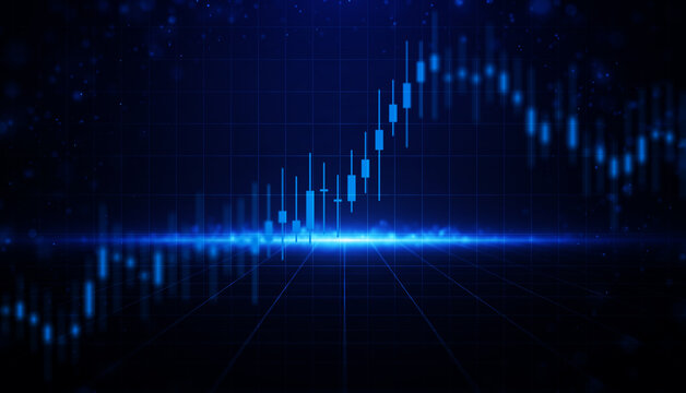 Futuristic financial stock market graph showing ascending candlestick trends, glowing blue data points, and digital grid infrastructure representing corporate wealth management and global trading.