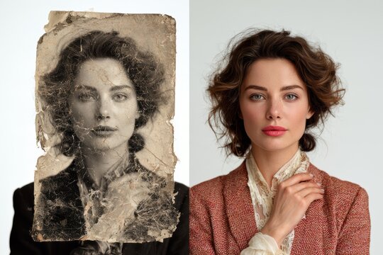Damaged vintage image of a woman transforming into a perfectly restored modern portrait