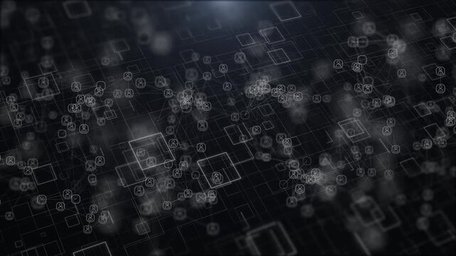 Black and white people icons form connected digital community profile nodes and network paths. collaboration, audience mapping, business contacts, workforce systems, social platforms, and data.
