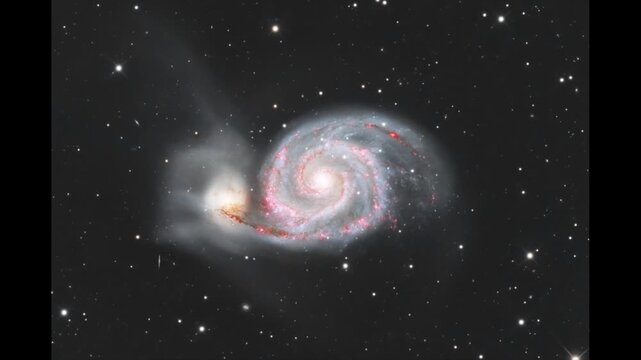 Whirlpool Galaxy M51 and companion NGC 5195 in Canes Venatici, interacting spiral galaxies with sweeping arms, pink star-forming regions and intricate dust lanes captured in deep-sky astrophotography.