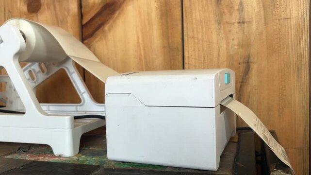 Close-up video of a thermal label printer automatically printing shipping barcodes and sticky labels from a paper roll in an office setting.