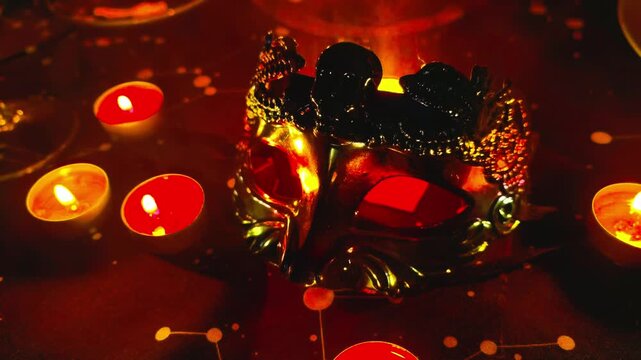 Venetian carnival mask is surrounded by glowing red candles in a dark mystical setting, dramatic masquerade atmosphere, symbolism and mysterious ambience.