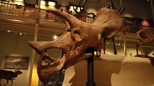 Ancient triceratops skull displayed in museum alongside taxidermied animals and prehistoric fossils.