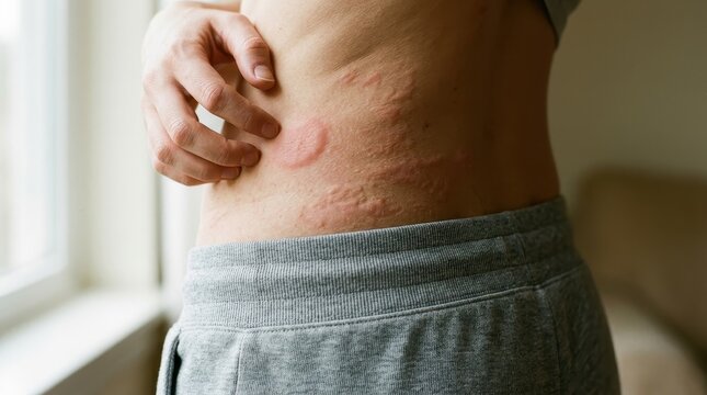 Close-up of a person scratching a red itchy skin rash and hives on their waist, allergic reaction concept