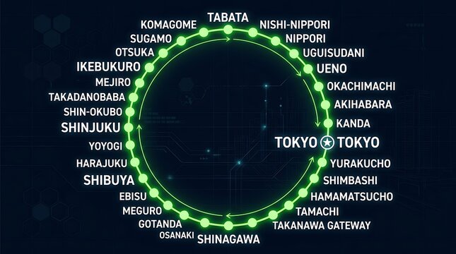 Circular Tokyo Yamanote Line map with station names glowing green on black background, urban transit loop