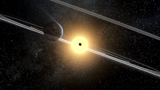 Animation of Solar system model showing planets orbiting around the bright sun.