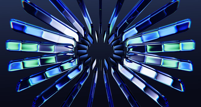 Abstract radial glass lines 3D circle pattern. Transparent stripe rays with glowing blue and green neon light, sunburst effect on dark background. Circular graphic array, crystal ring. 3D illustration
