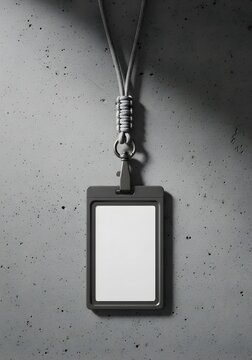 Minimalist blank identification badge holder with professional paracord lanyard and metal clip hanging against a textured gray concrete wall, empty plastic name tag for corporate security mockup