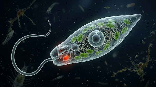Realistic 3D render of Euglena single-celled organism swimming underwater, microscopic protist with flagellum chloroplasts