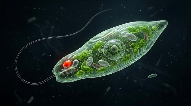 Realistic 3D render of Euglena single-celled organism swimming underwater, microscopic protist with flagellum chloroplasts