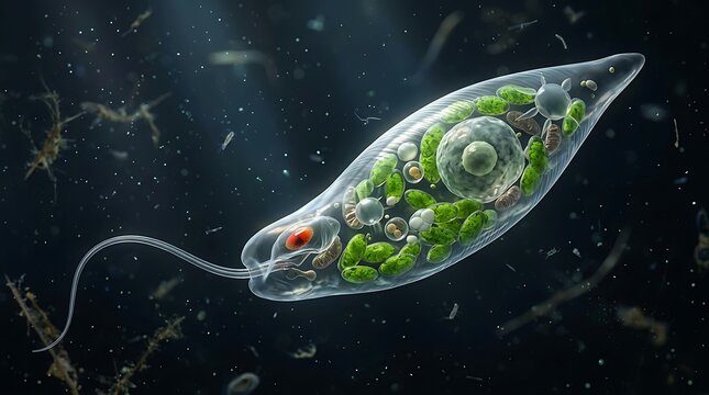 Realistic 3D render of Euglena single-celled organism swimming underwater, microscopic protist with flagellum chloroplasts