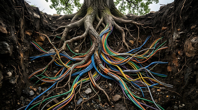 Conceptual image of nature and technology intertwining with tree roots blending into colorful cables underground
