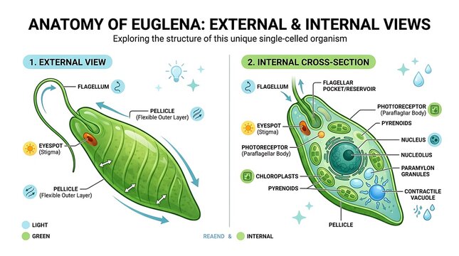 Anatomy of Euglena external and internal views, educational biology diagram showing flagellum eyespot nucleus chloroplast structure