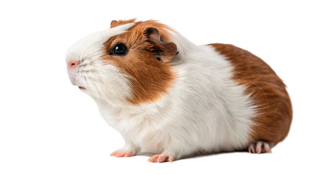 Cute small white and brown domestic guinea pig isolated on transparent background.