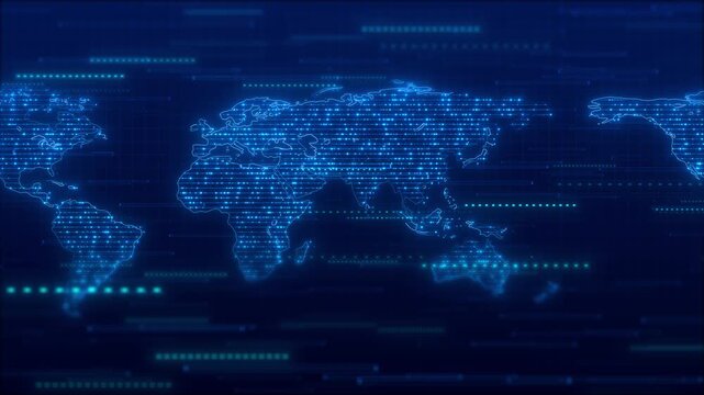 Futuristic blue map worldwide connections, regions, data movement, international communication. commerce, global markets, telecommunications, transportation, analytics, geography, network coverage.