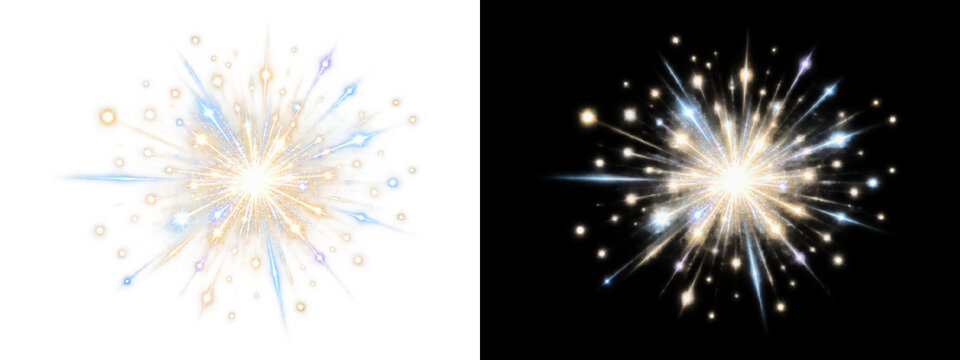 Festive celebratory starburst fireworks explosion: radial sparkling golden and silver light rays flash isolated on transparent background with clipping. High quality 3D asset with clipping path.