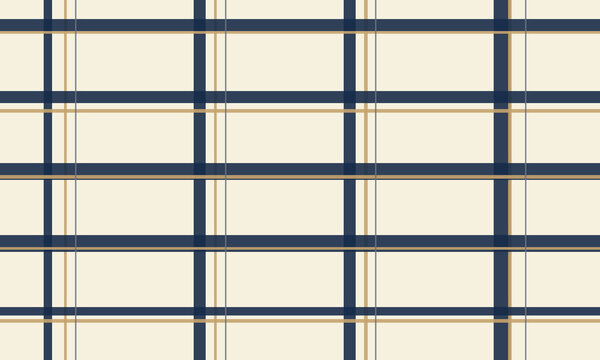 Cream and navy tartan pattern with thin gold stripes for textile design and decor backgrounds