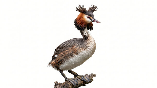 Great crested grebe standing on a branch. Isolated water bird with unique plumage details.